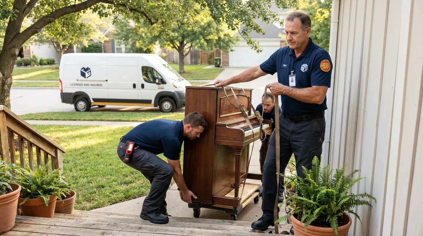 Licensed piano movers securing grand piano in Crescent City, FL
