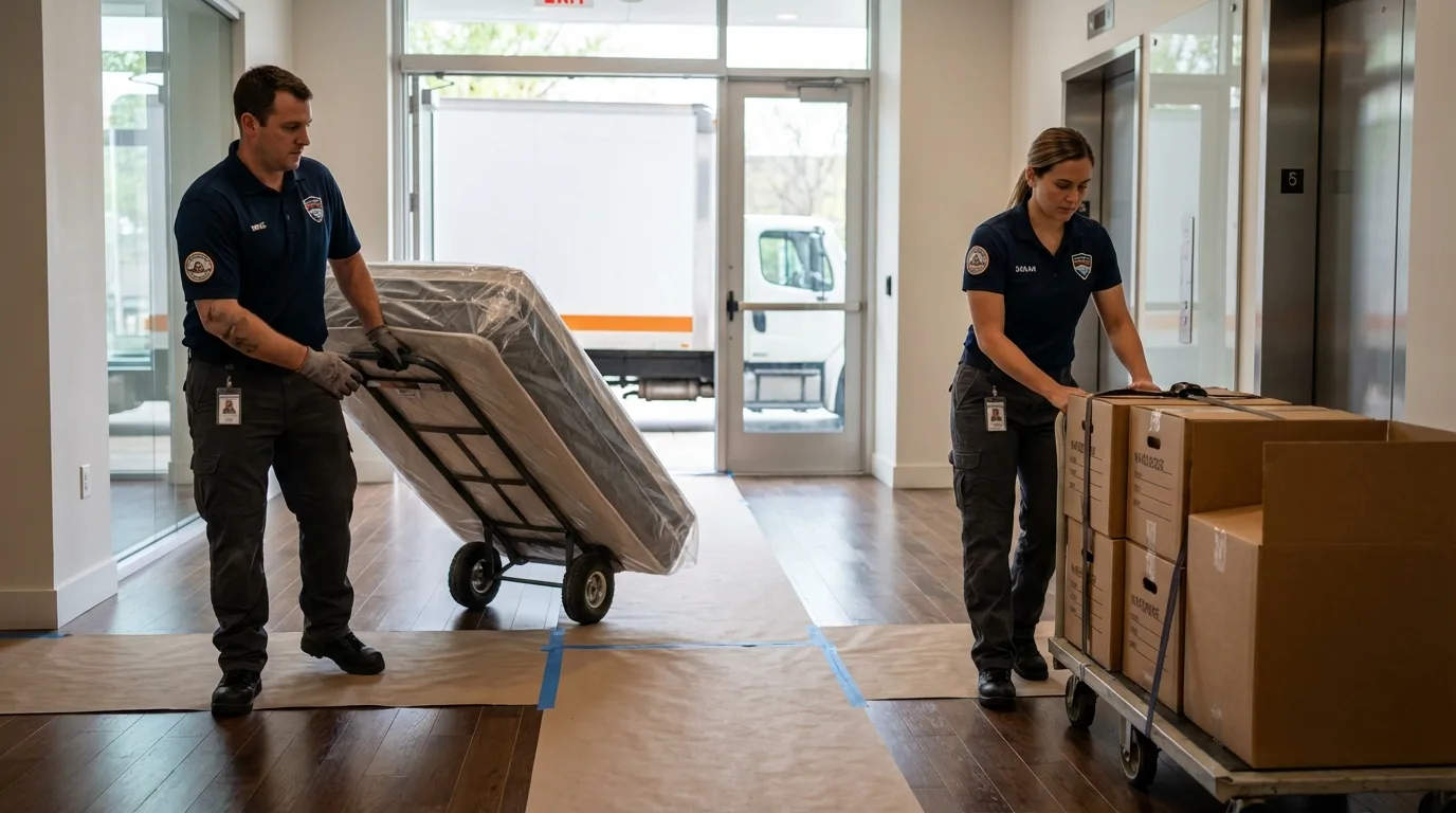 Professional apartment movers loading elevator in Crescent City, FL